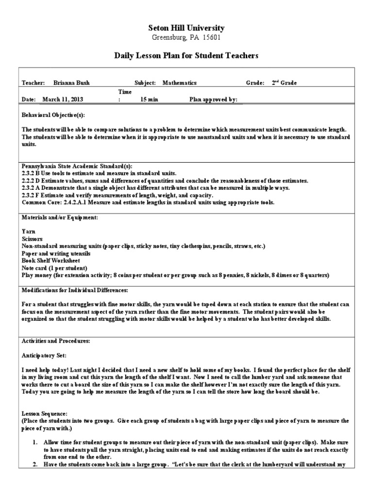2nd Grade Math Lesson Plan: Measuring Length | PDF