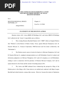Houston Astros Statement Re Lawsuit Against Drayton McLane and Comcast