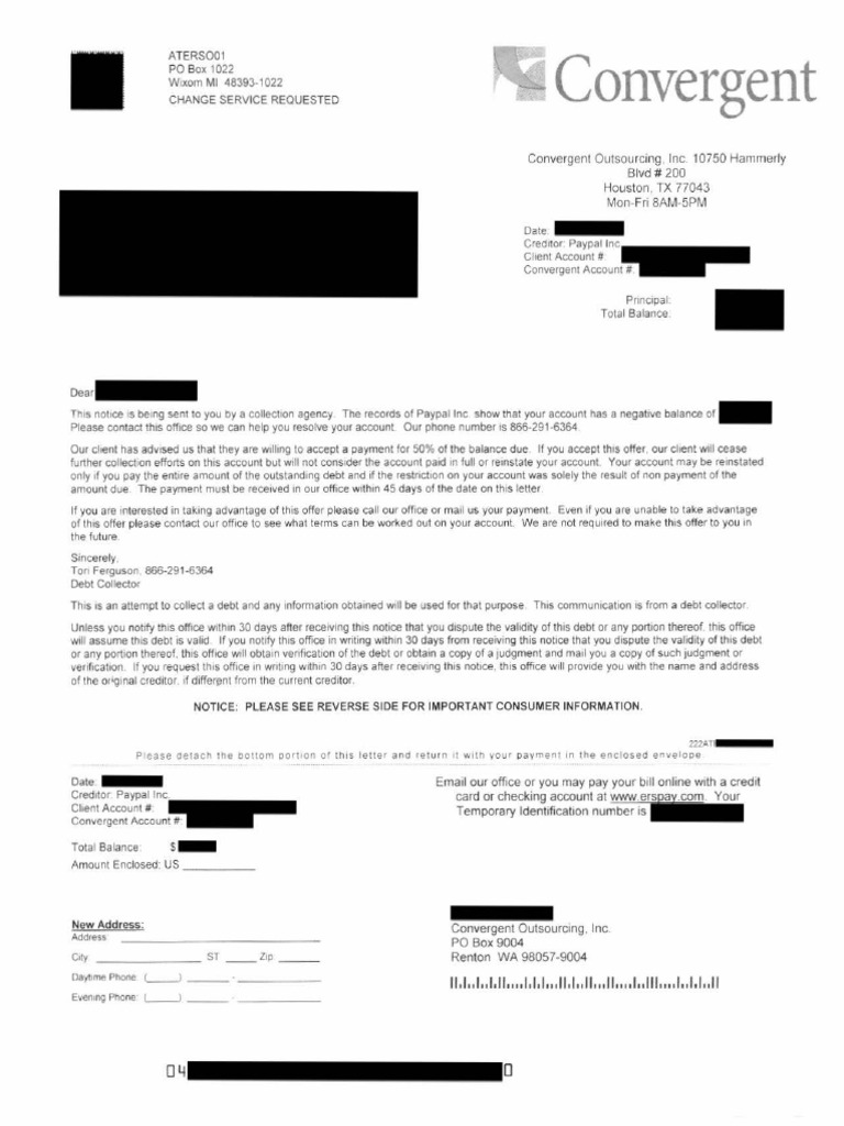 Convergent Outsourcing Collection Letter FDCPA Collection Agency 