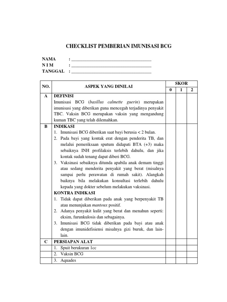 Checklist Imunisasi Vaksin BCG | PDF | Pengembangan Diri | Kesehatan ...