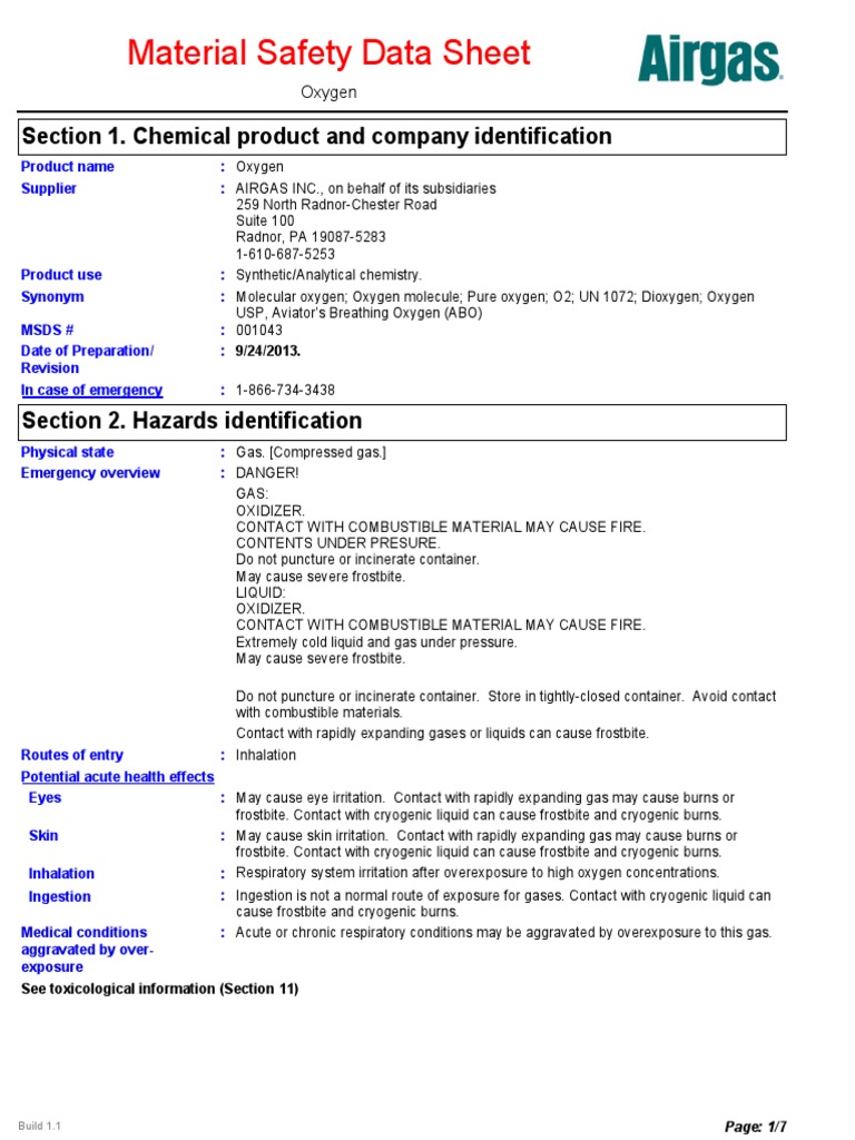 Msds of Oxygen Oxygen Dangerous Goods