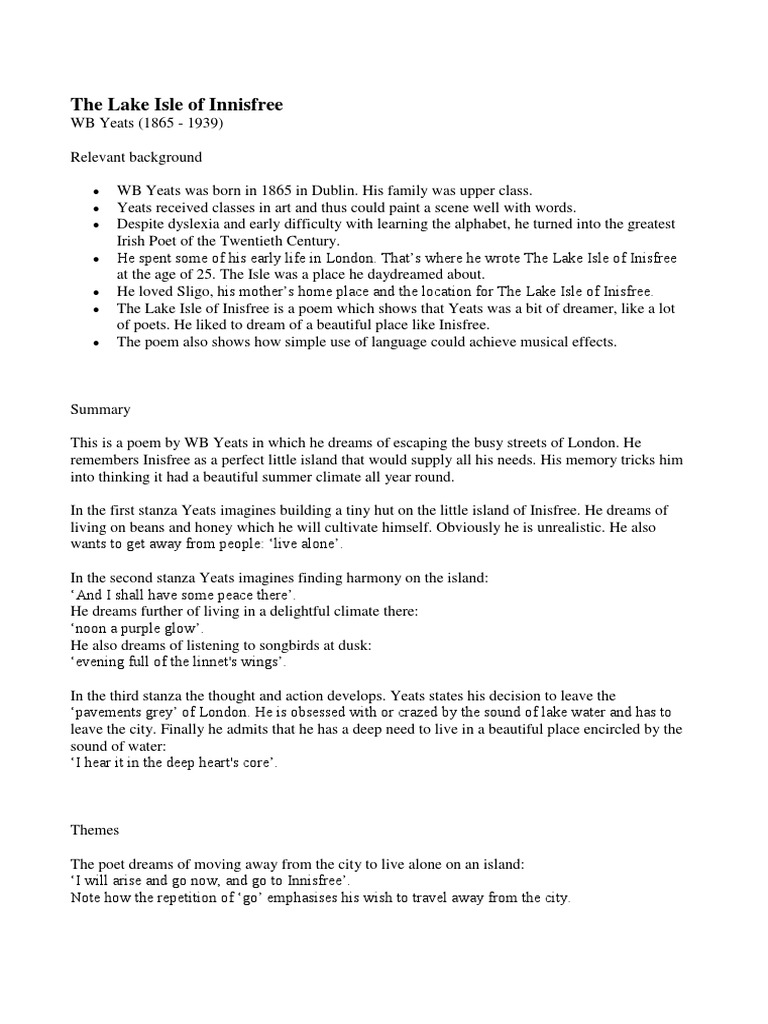 The Lake Isle Of Innisfre1 Pdf Rhyme W B Yeats