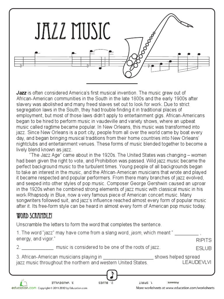 history of jazz worksheet pdf