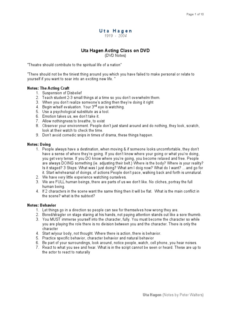 Uta Hagen Acting Techniques and Exercises PDF Self Thought