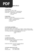 I. Ratio Analysis Calculations (2010-11) Liquidity Position: A) Current Ratio