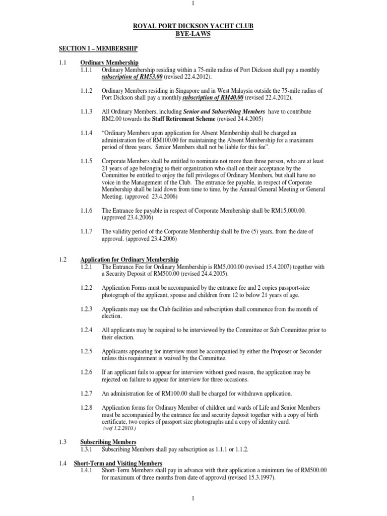 Royal Port Dickson Yacht Club ByeLaws Membership Categories, Fees