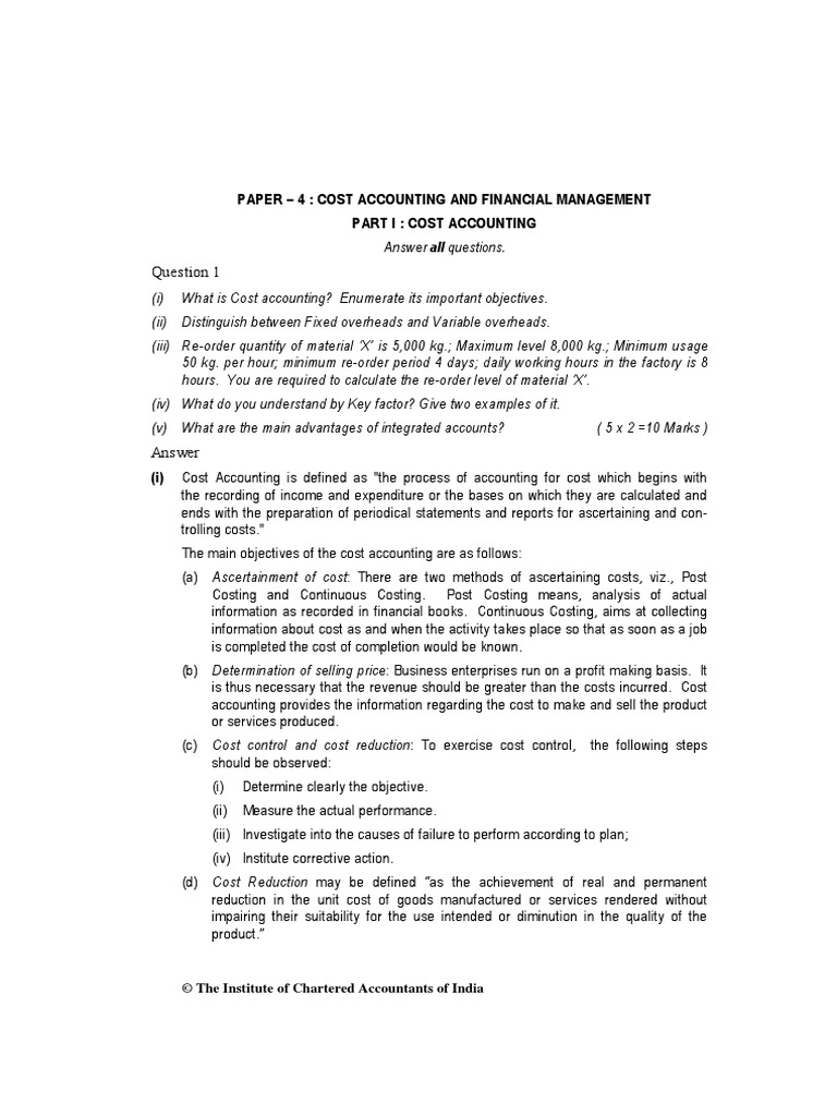 Paper - 4: Cost Accounting and Financial Management Part I: Cost ...