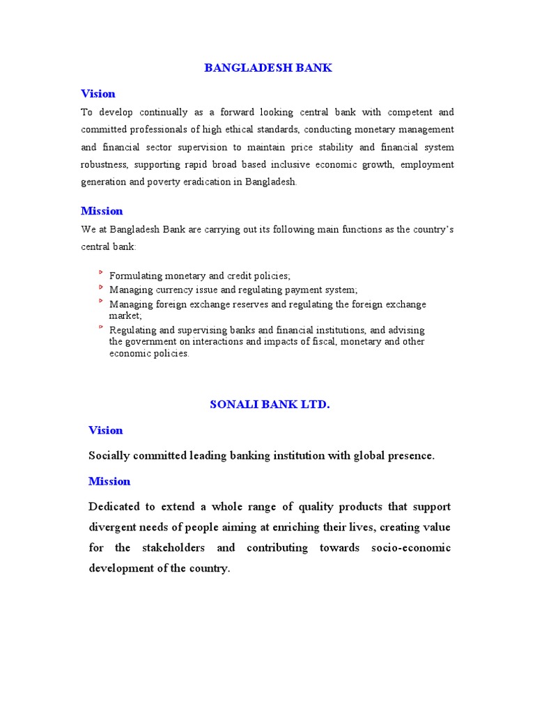 Various Bank's Vision Mission Statement Euro Banks