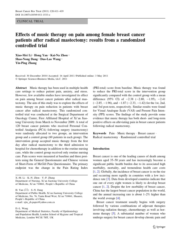 Effects of Music Therapy On Pain Among Female Breast Cancer | PDF ...