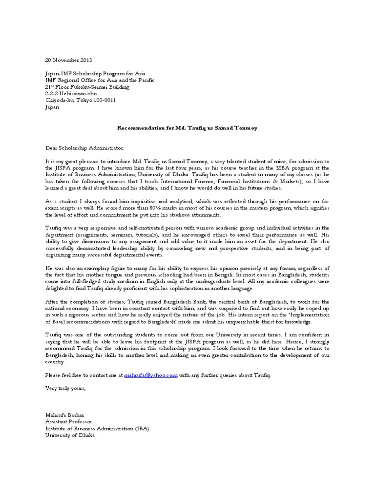 Recommendation Letter Sample  Master Of Business Administration