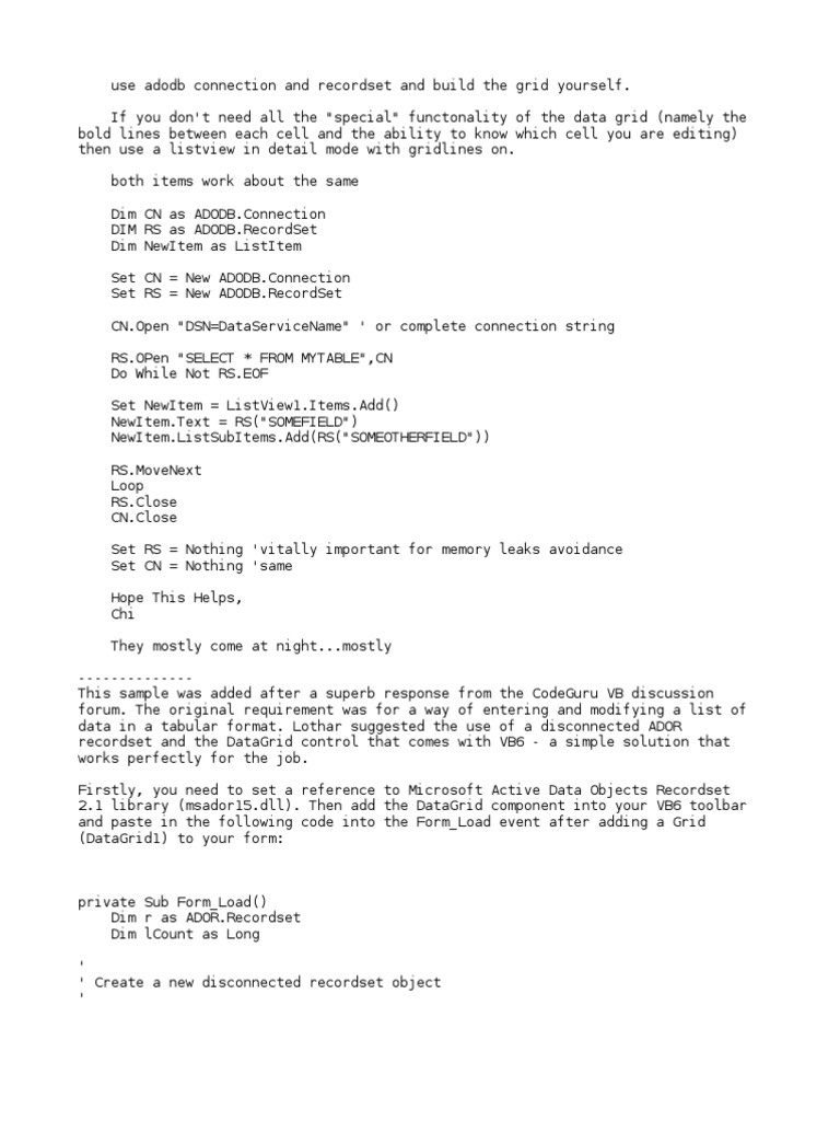 Use Adodb Connection and Recordset and Build The Grid Yourself. | PDF ...