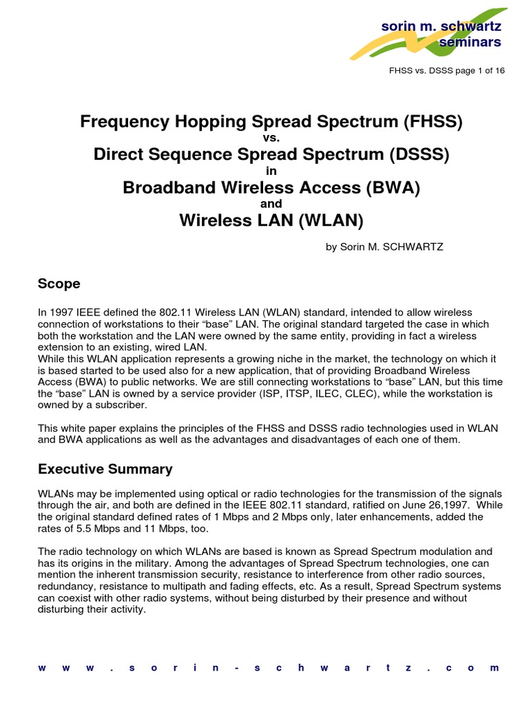 FHSS vs DSSS in Wireless Applications | PDF | Ieee 802.11 | Code ...
