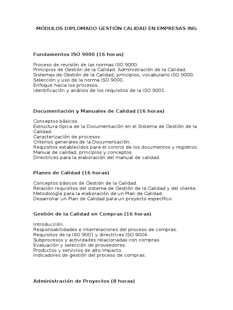 Diplomado en Gestión de Calidad ISO 9000 | PDF | Gestión de la calidad ...