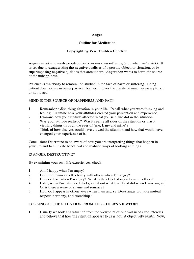 Anger-Outline For Meditation | PDF | Anger | Attitude (Psychology)