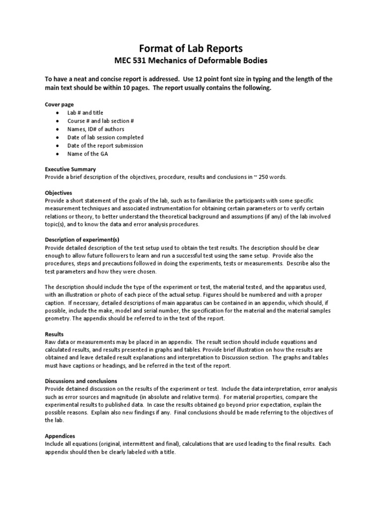 Format of Lab Reports Experiment Theory