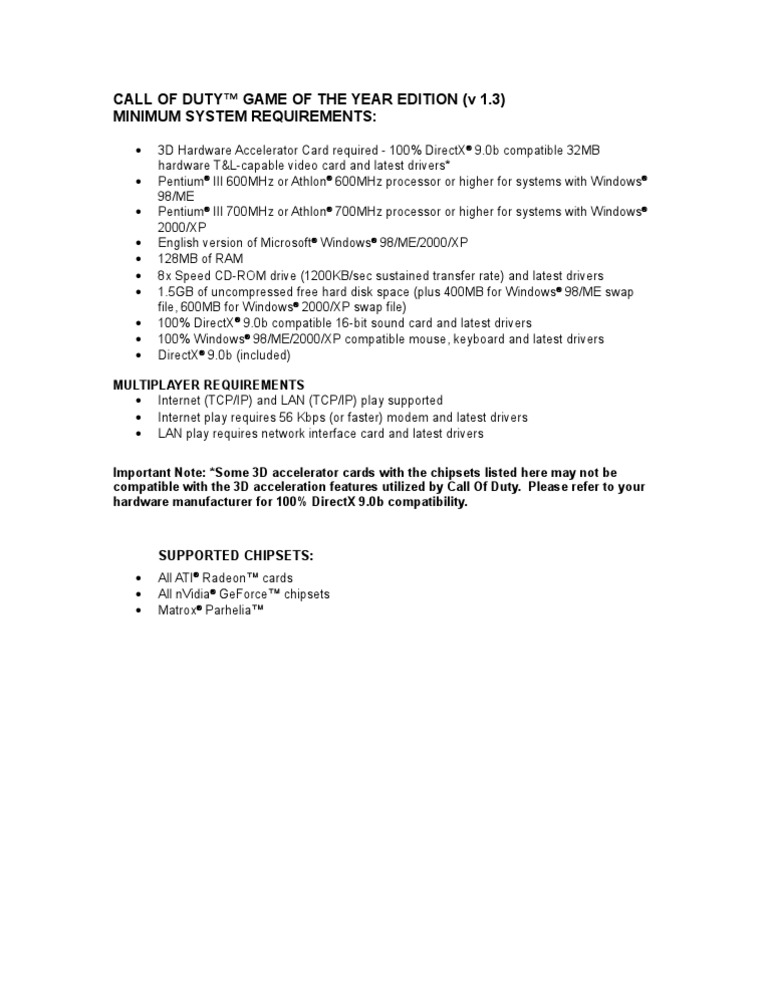 Call of Duty™ Game of The Year Edition (V 1.3) Minimum System ...