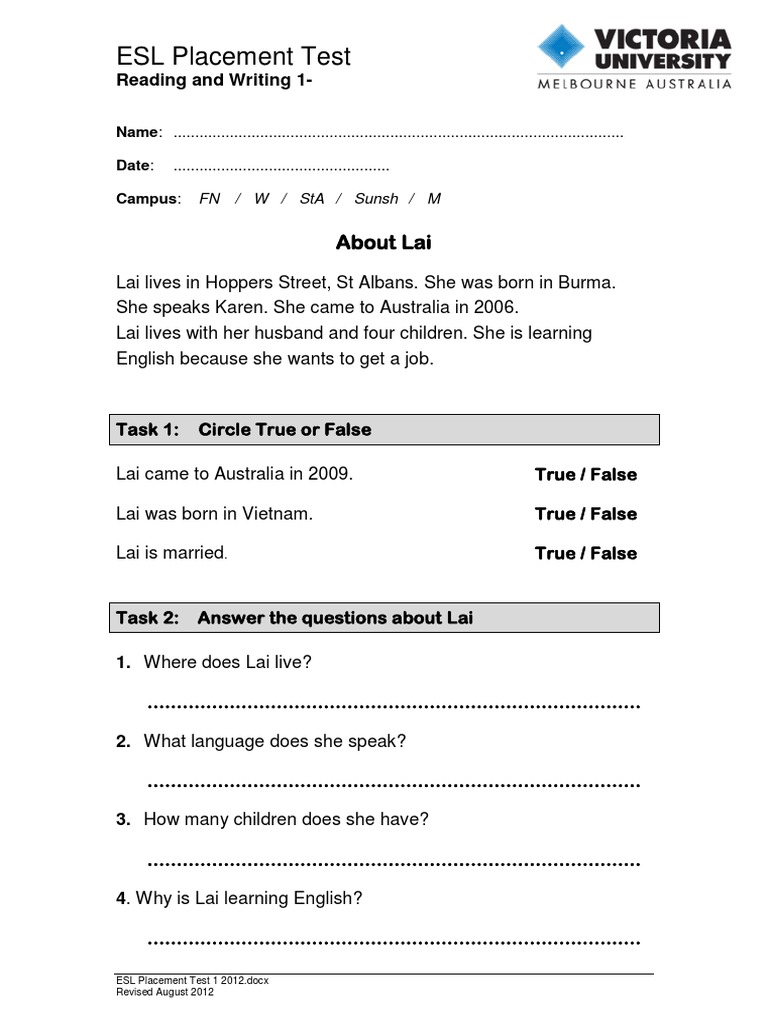 ESL Test for Beginners | PDF | Language Arts & Discipline