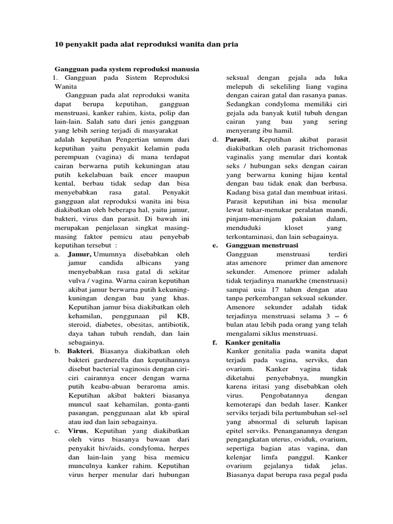 10 Penyakit Pada Alat Reproduksi Wanita Dan Pria