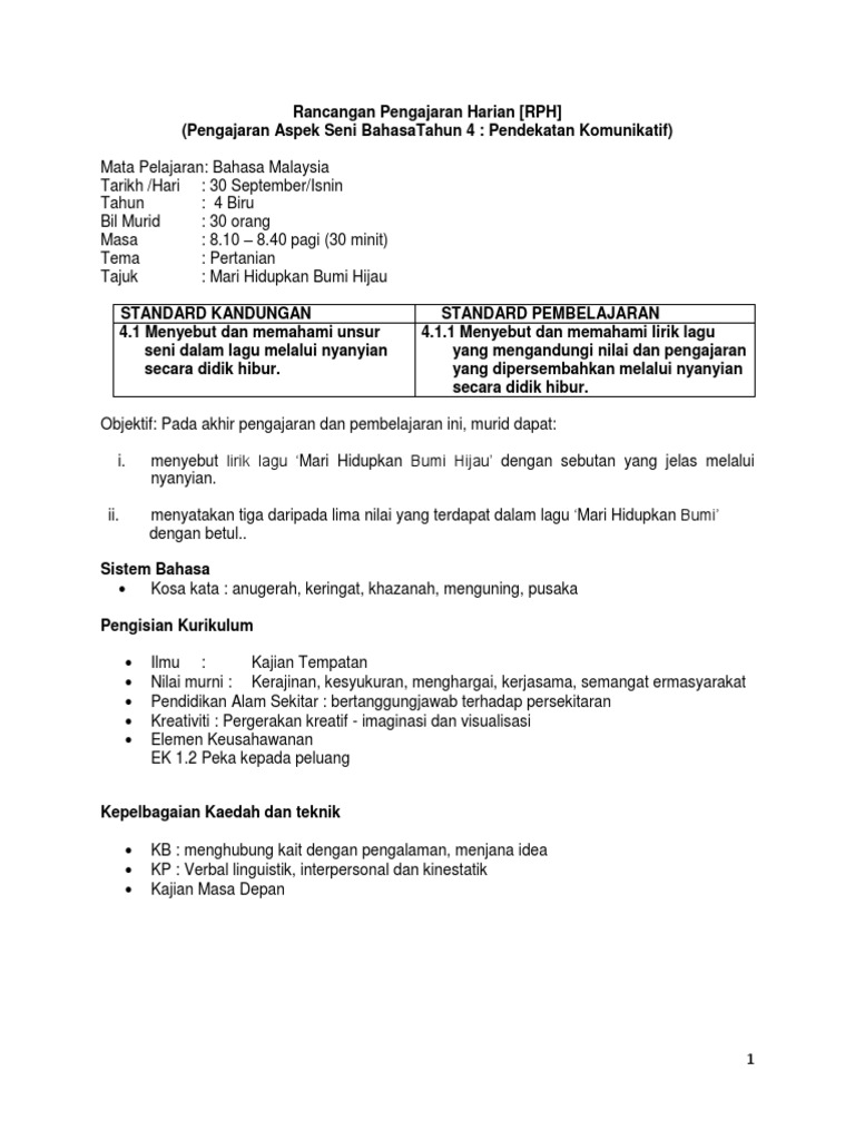 Rancangan Pengajaran Harian Seni Bahasattahun 4 Pdf