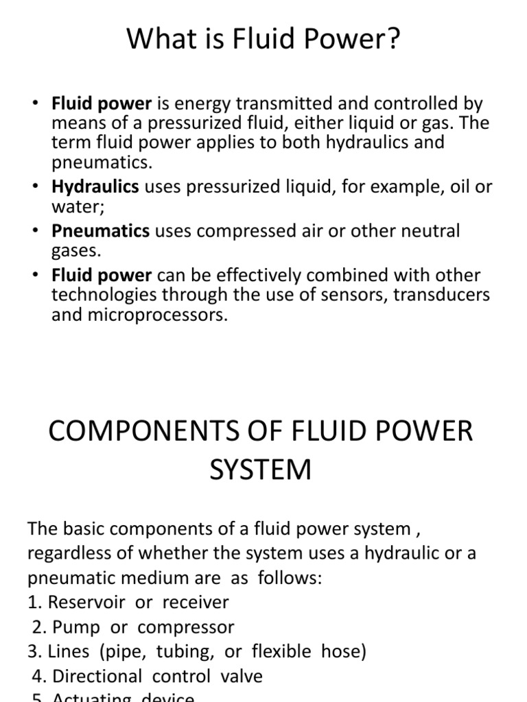 Parts and Working of Fluid Power Systems PDF Pneumatics Energy Technology