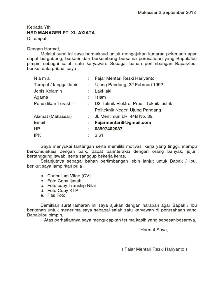 Download 65+ Contoh Surat Surat Lamaran Kerja Xl Terbaik Dan Terbaru