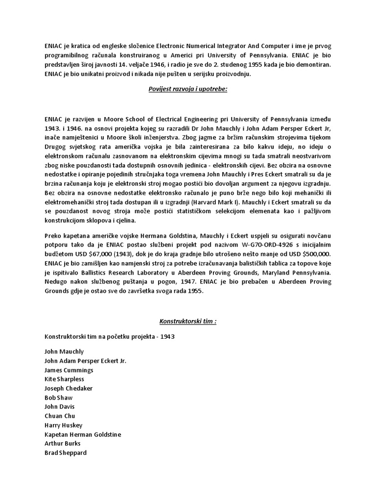 Prvo Računalo Eniac | PDF