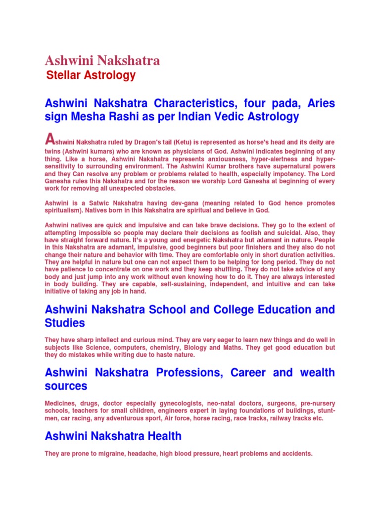 Ashwini Nakshatra | PDF | Hindu Astrology | Astrological Sign