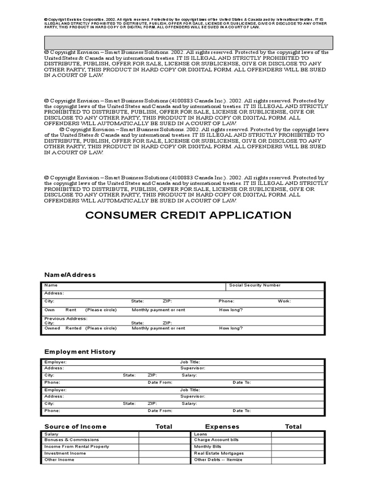 Consumer Credit Application | PDF | All Rights Reserved | Renting