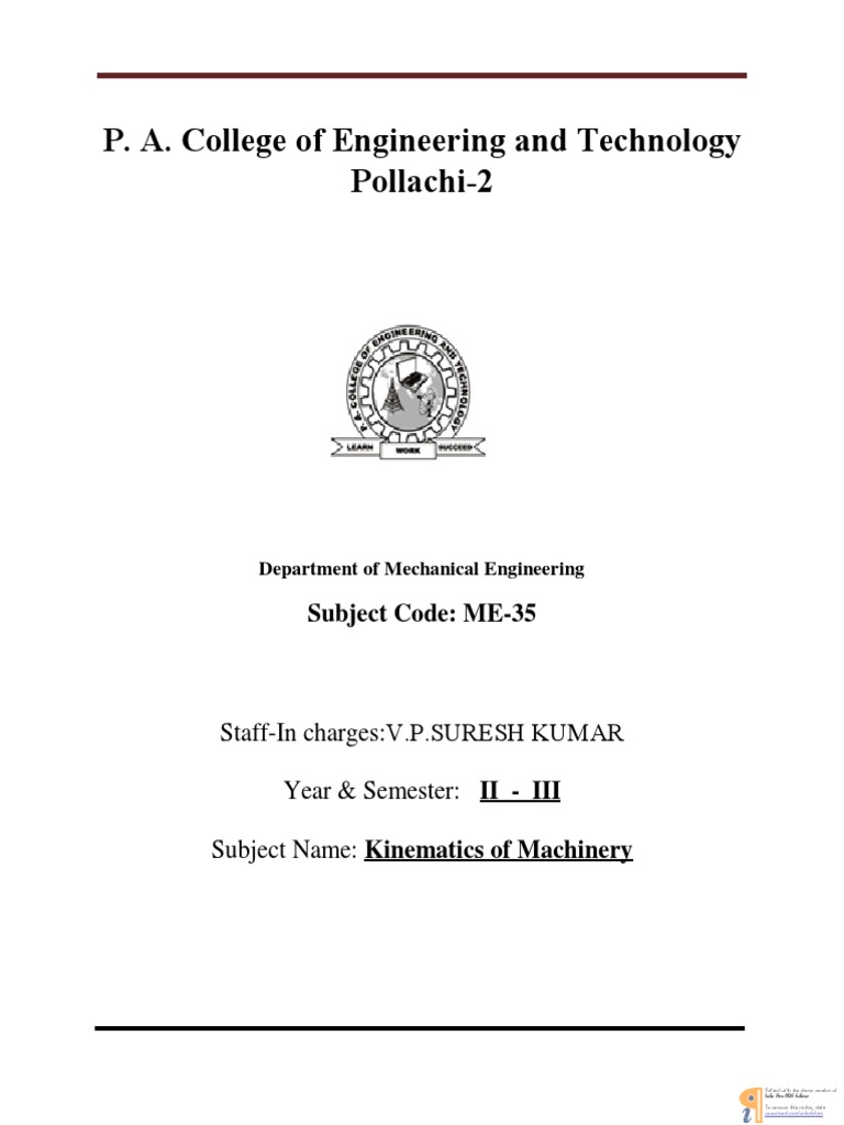 Kinematics Of Machinery Notes Pdf Gear Acceleration