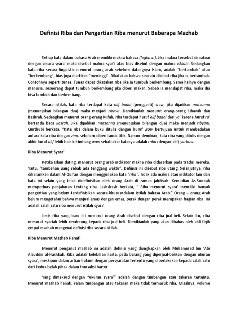 Definisi Riba Dan Pengertian Riba Menurut Beberapa Mazhab Pdf