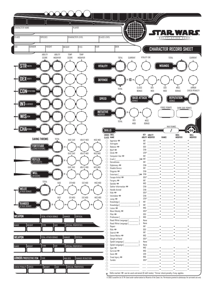 SWd6 CharacterRecordSheet | PDF | Leisure
