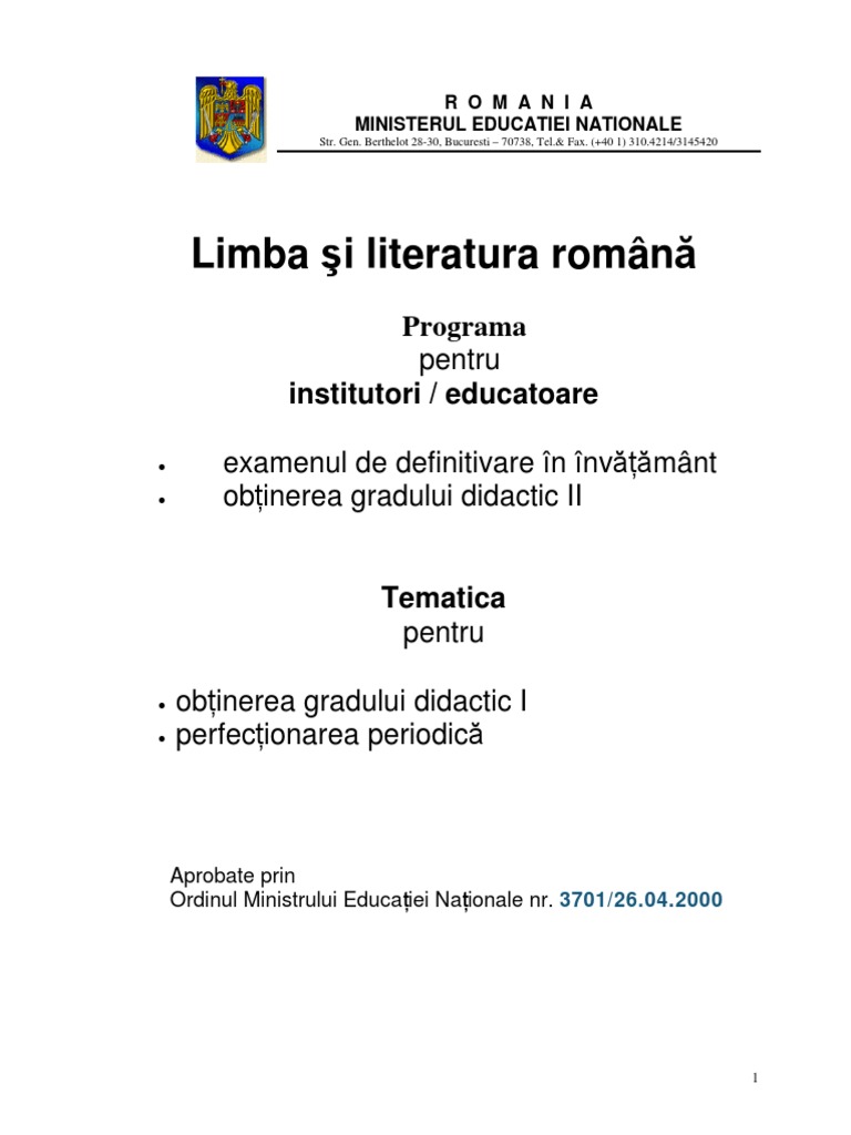 Programe Def Si Gr Ii Limba Romana Si Metodica Activitatilor