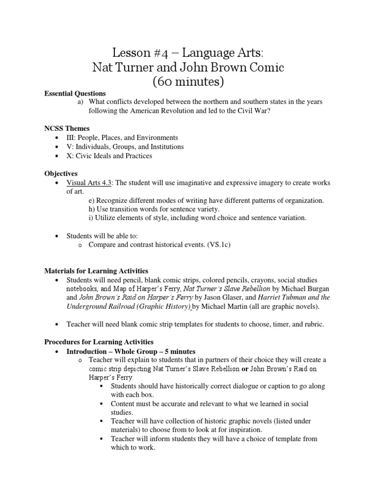 Nat Turner and John Brown Comic Lesson | PDF | Educational Assessment ...