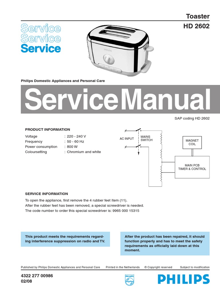 Service Manual: Toaster HD 2602 | PDF
