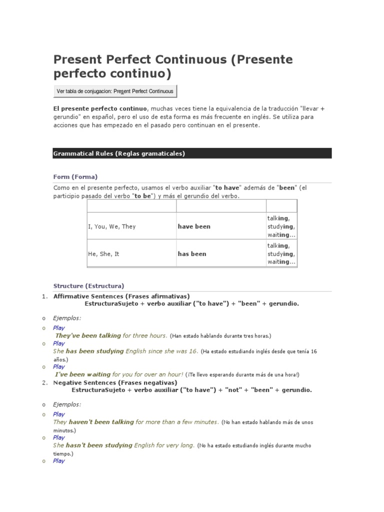 Estructura y Uso del Present Perfect Continuous | PDF | Perfecto ...