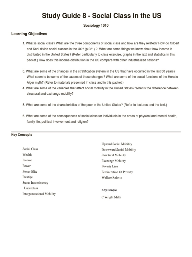 Study Guide 8 - Social Class in The Us | PDF