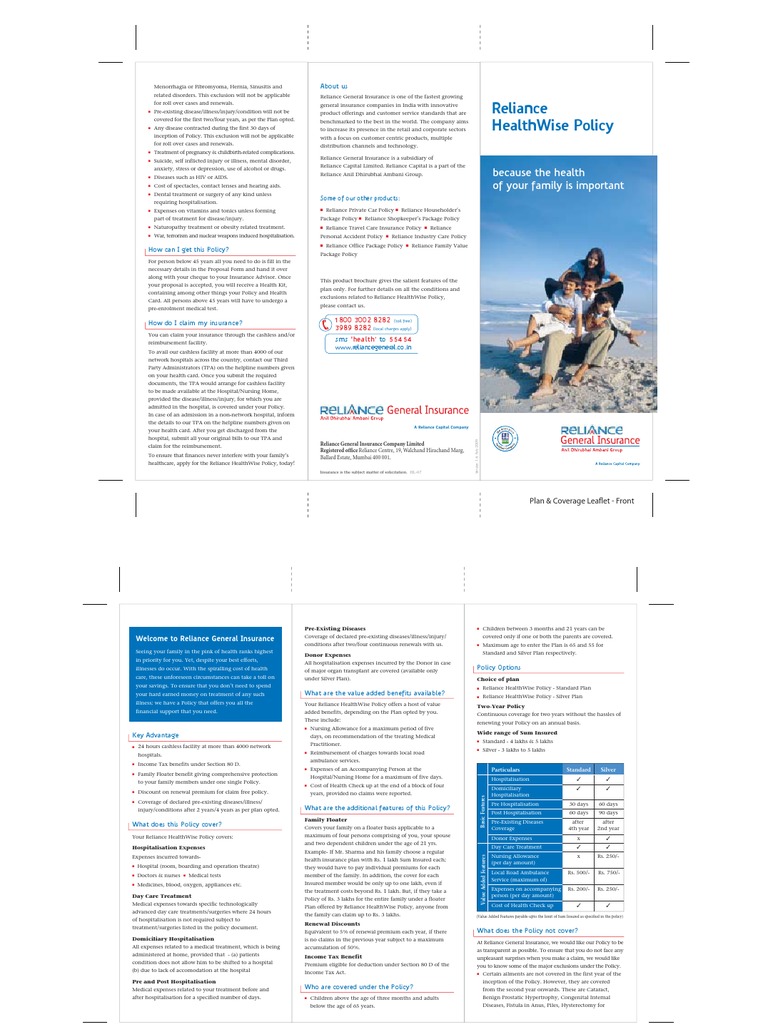 Reliance Health Wise Leaflet Insurance Hospital