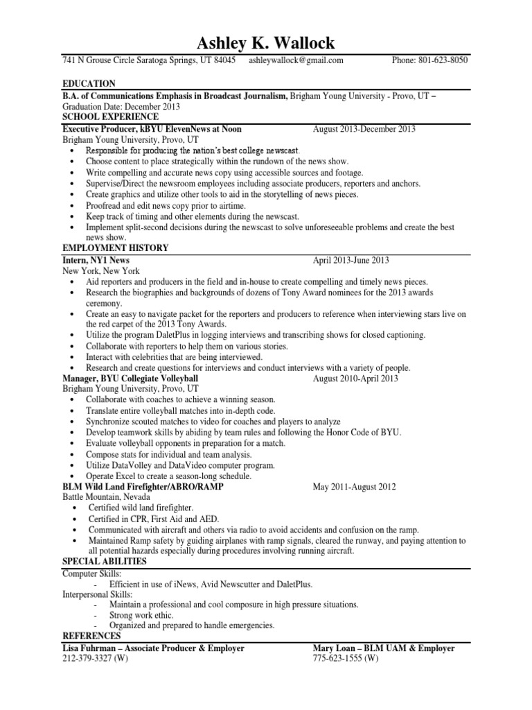 Ashley Wallock Producer Resume | PDF | News Broadcasting | Communication