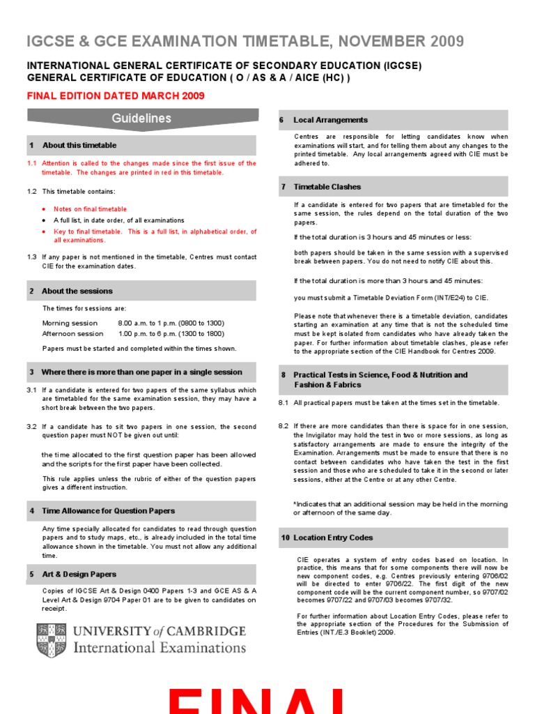 CIE Examinations October/November 2009 Timetable