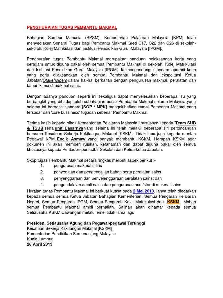 Penghuraian Tugas Pembantu Makmal Pdf