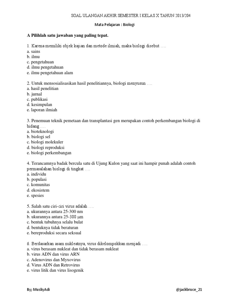 Soal Uas Biologi Kelas 10 Semester 1 Pdf