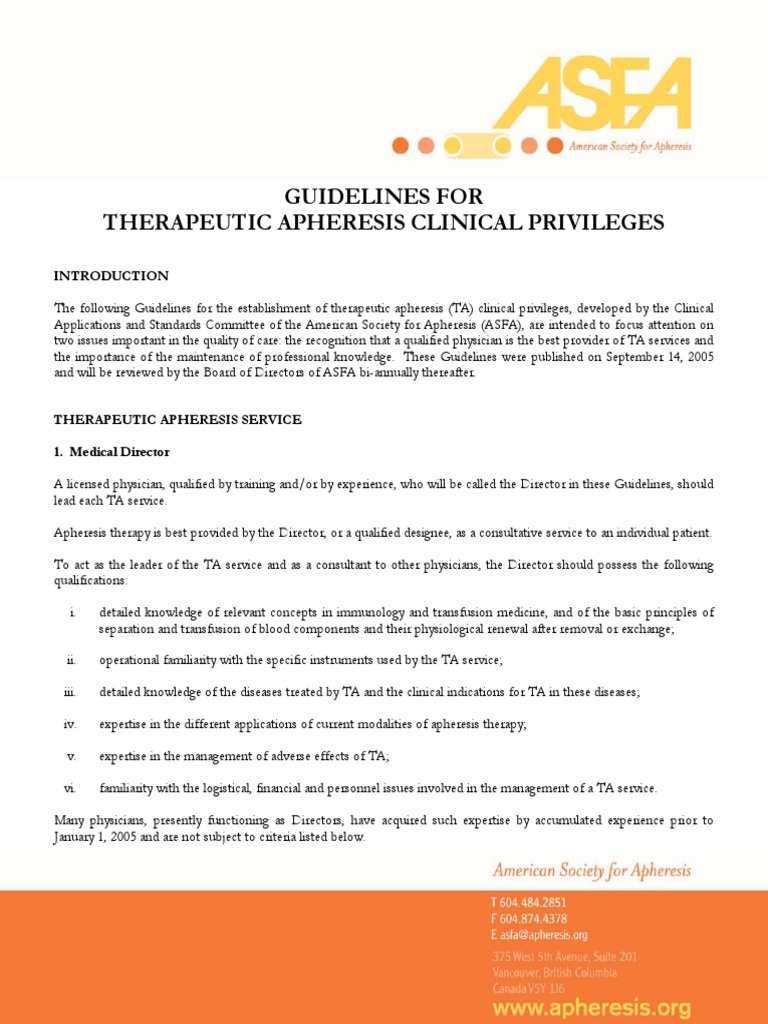 ASFA Guidelines For TA Clinical Privileges PDF Physician Blood