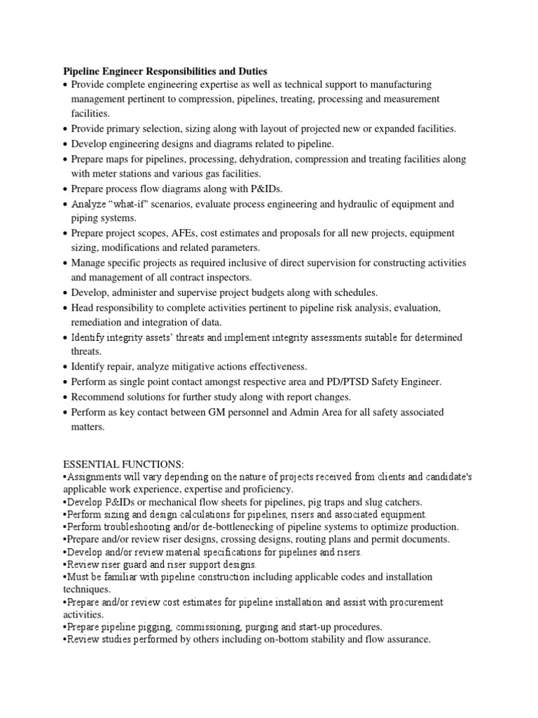 Pipeline Engineer Responsibilities and Duties PDF Pipeline