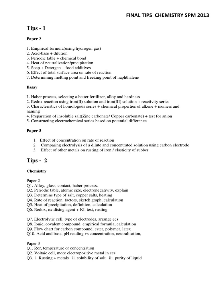 Tajuk Fokus Penting Kimia SPM 2013  Chemical Reactions 