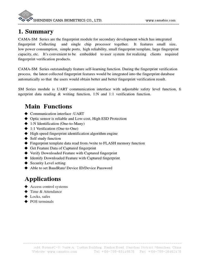 CAMA-SM Fingerprint Module Overview | PDF | Biometrics | Fingerprint