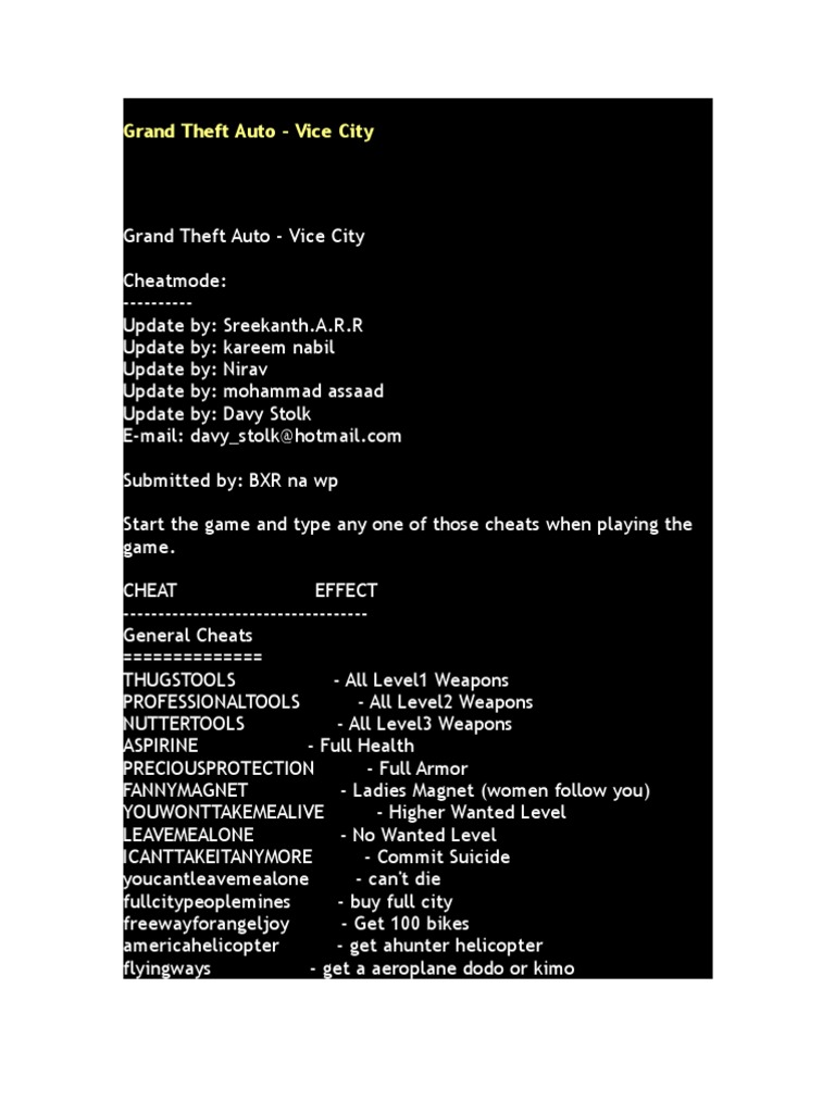 GTA Vice City Cheats PDF