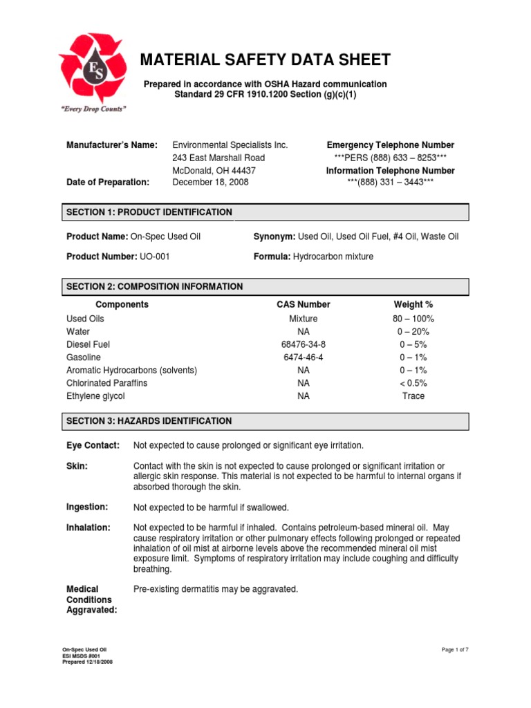 Used Oil Msds Personal Protective Equipment Superfund