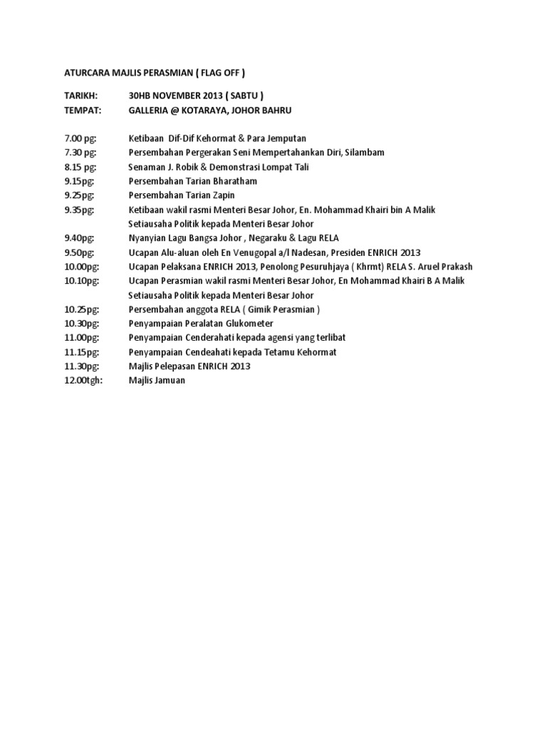 Aturcara Majlis Perasmian Flag Off And Flag In Pdf