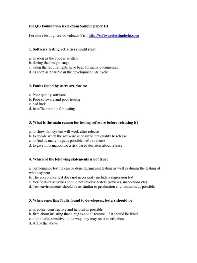 ISTQB Foundation level exam Sample paper III Software Testing