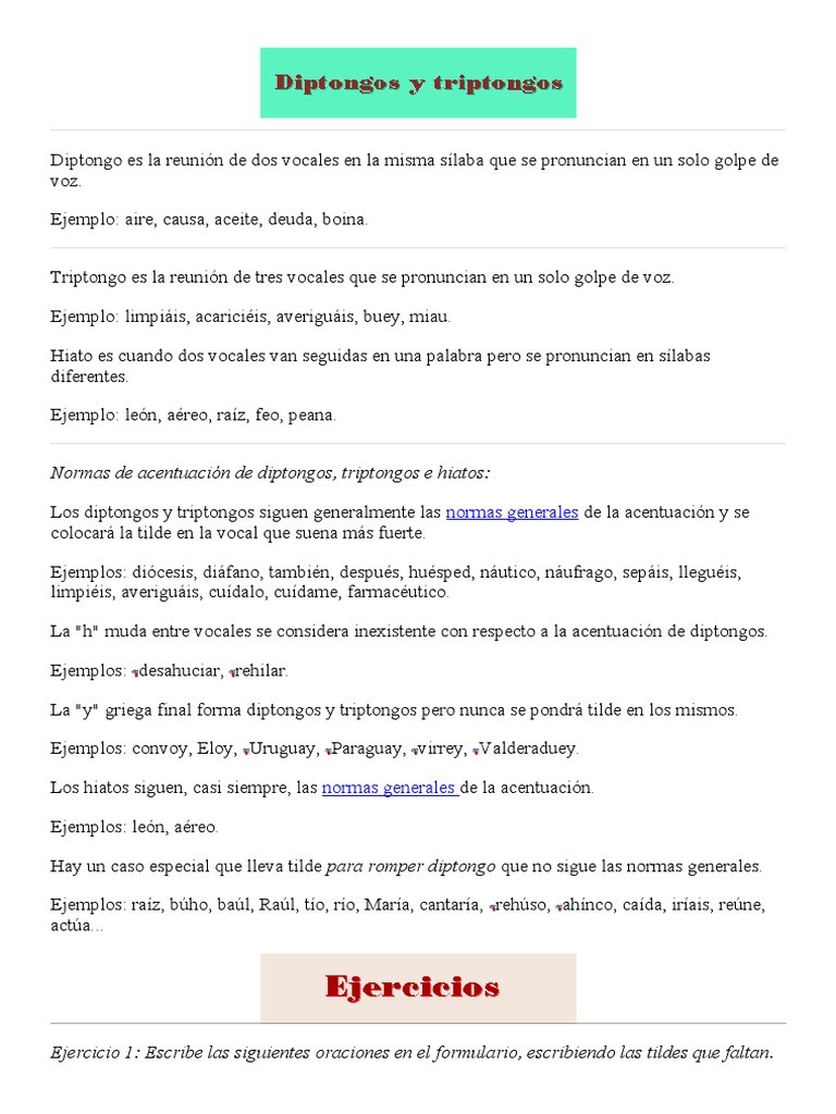 Diptongo Triptongos e Hiatos Con Ejercicios PDF Vocal Fonética